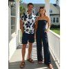 Hawaiian Vacation Couple Outfit Textured Smocked Tied Pocket Off the Shoulder Jumpsuit and Ink Brush Stroke Floral Print Shirt Set - Bleu de Minuit S | US 4