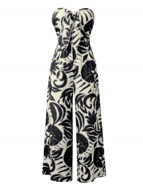 Vacation Jumpsuit Botanical Leaf Silhouette Print Bowknot Off the Shoulder Wide Leg Jumpsuit