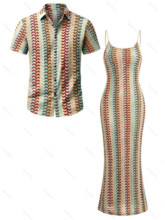Bohemian Vacation Couple Outfit Colorblock Arrow Ethnic Print Bodycon Knitted Dress and Shirt Set - multicolor S | US 4