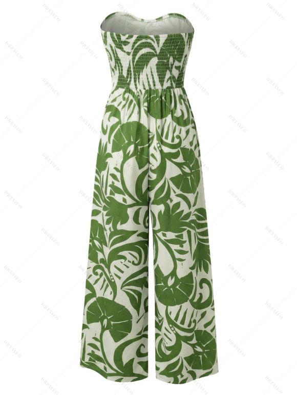 Vacation Jumpsuit Botanical Leaf Silhouette Print Bowknot Off the Shoulder Wide Leg Jumpsuit - Vert XXXXL | US 18