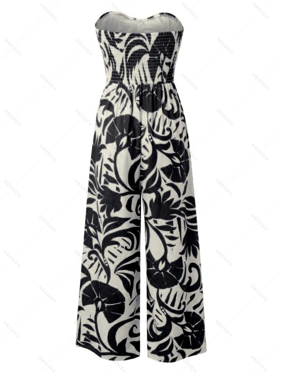 Vacation Jumpsuit Botanical Leaf Silhouette Print Bowknot Off the Shoulder Wide Leg Jumpsuit - Noir XXXXL | US 18