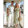 Casual Couple Outfit Solid Color Tied Square Neck Puff Sleeve Dress and Leaf Print Shirt Set - GREEN S | US 4