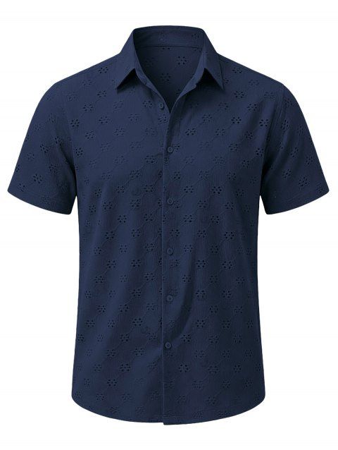 Men's Casual Shirt Solid Color Floral Hollow Out Button Up Shirt