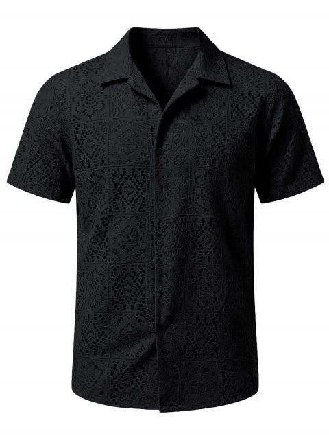 Men's Casual Shirt Solid Color Floral Lace Hollow Out Button Up Shirt
