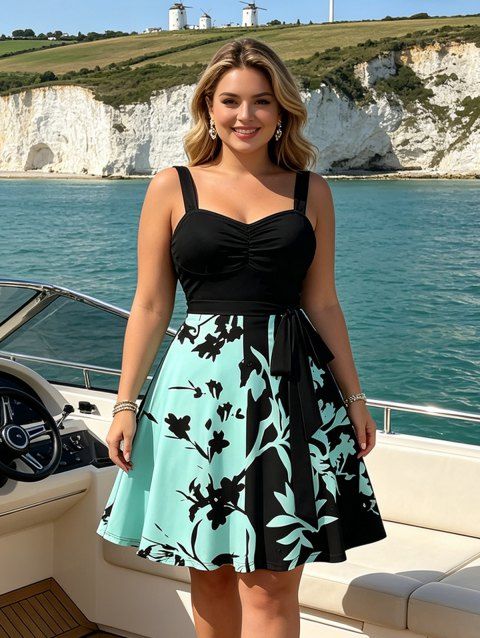 Robe de vacances à motif de feuilles colorblock, buste froncé, col en cœur, ceinture, robe trapèze mini décontractée