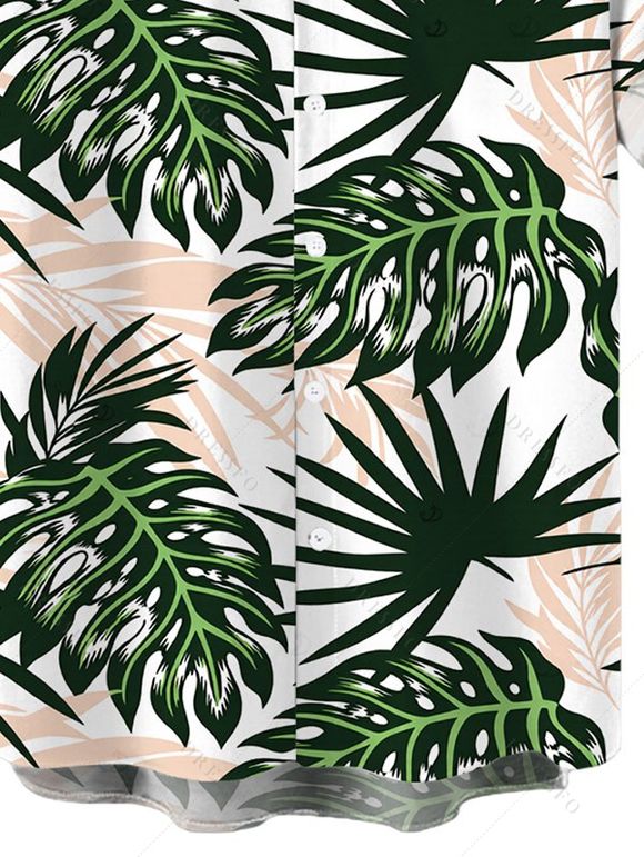 Men's Beach Vacation Shirt Tropical Monstera Palm Leaf Print Button Up Shirt - PLANT GREEN 5XL