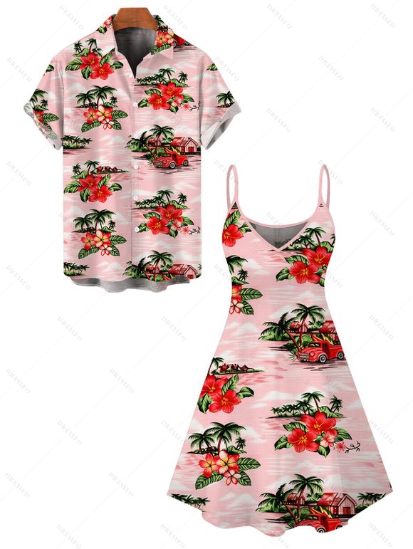 Hawaiian Vacation Couple Outfit Vintage Tropical Palm Tree Hibiscus Floral Print Spaghetti Strap Mini Dress and Shirt Set - Rose S | US 4