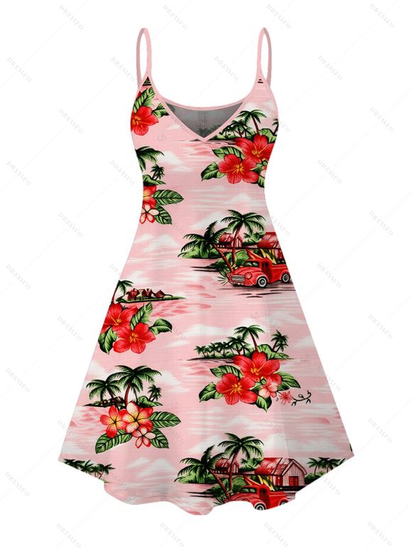Hawaiian Vacation Couple Outfit Vintage Tropical Palm Tree Hibiscus Floral Print Spaghetti Strap Mini Dress and Shirt Set - Rose S | US 4