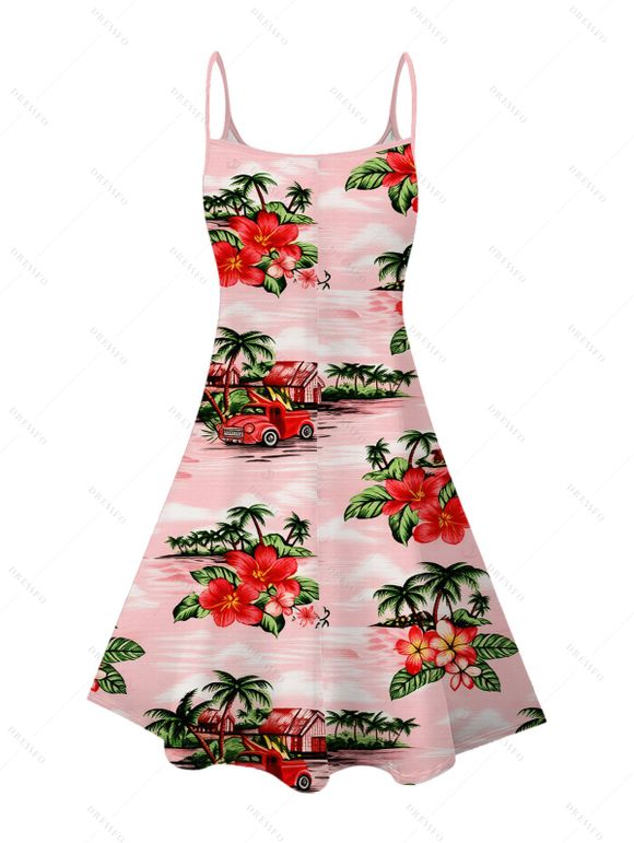 Hawaiian Vacation Dress Vintage Tropical Palm Tree Hibiscus Floral Print Spaghetti Strap Mini Dress - Rose XXXXXL | US 20