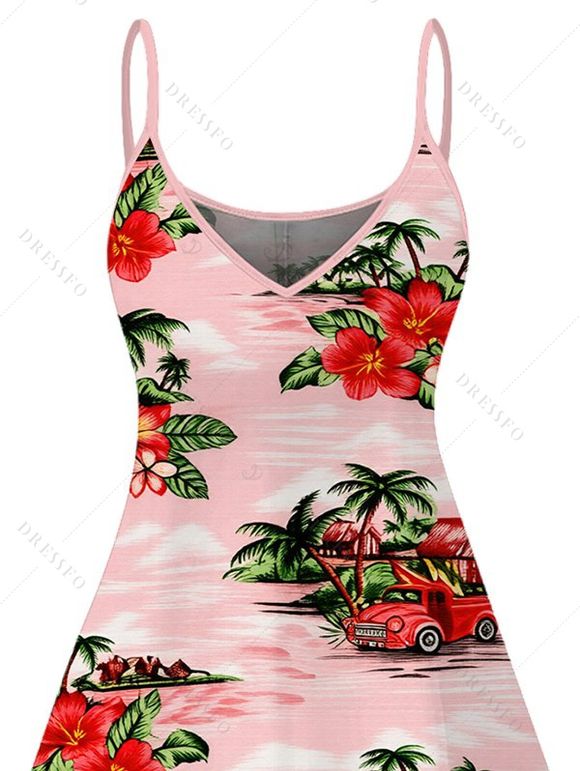Hawaiian Vacation Dress Vintage Tropical Palm Tree Hibiscus Floral Print Spaghetti Strap Mini Dress - Rose XXXXXL | US 20