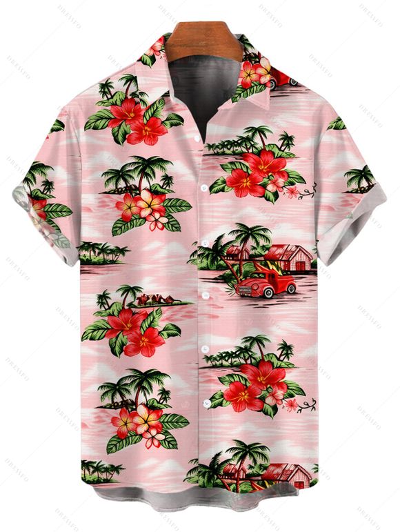 Hawaiian Vacation Couple Outfit Vintage Tropical Palm Tree Hibiscus Floral Print Spaghetti Strap Mini Dress and Shirt Set - Rose S | US 4