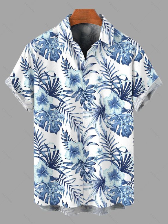 Vacation Couple Outfit Hibiscus Floral Tropical Palm Leaf Print Lace Hollow Out Skort Romper and Shirt Set - Bleu S | US 4