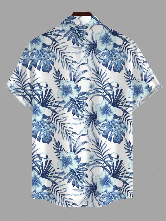 Vacation Couple Outfit Hibiscus Floral Tropical Palm Leaf Print Lace Hollow Out Skort Romper and Shirt Set - Bleu S | US 4