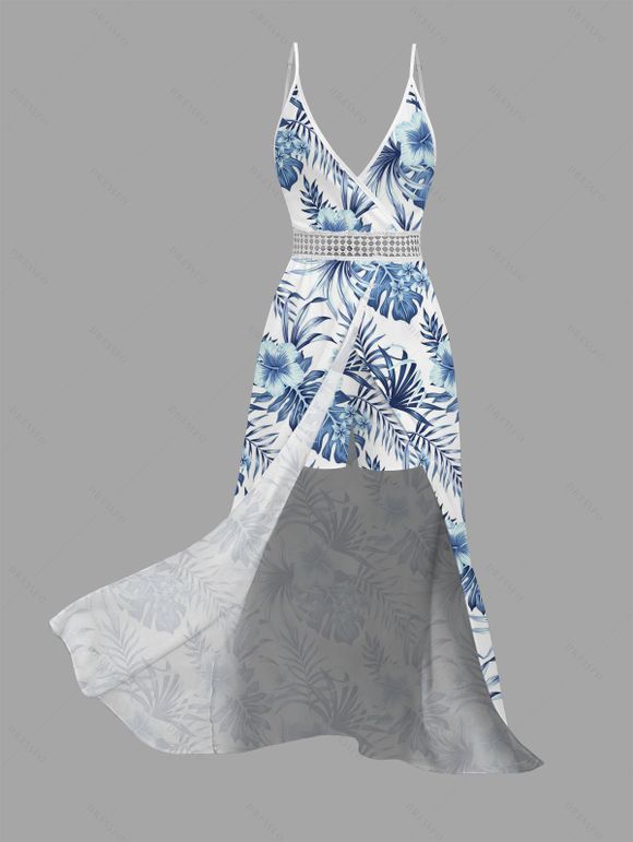 Vacation Couple Outfit Hibiscus Floral Tropical Palm Leaf Print Lace Hollow Out Skort Romper and Shirt Set - Bleu S | US 4