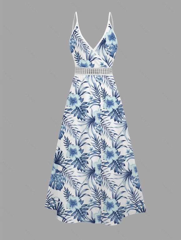 Vacation Couple Outfit Hibiscus Floral Tropical Palm Leaf Print Lace Hollow Out Skort Romper and Shirt Set - Bleu S | US 4