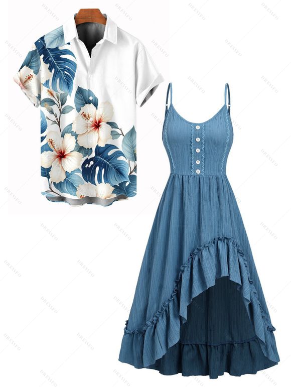 Vacation Couple Outfit Solid Color Textured High Low Asymmetrical Ruffle Hem Dress and Hibiscus Floral Print Shirt Set - Bleu Ciel S | US 4