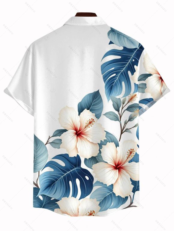 Vacation Couple Outfit Solid Color Textured High Low Asymmetrical Ruffle Hem Dress and Hibiscus Floral Print Shirt Set - Bleu Ciel S | US 4