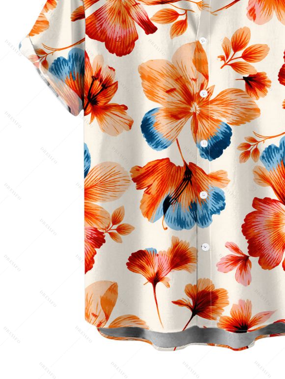 Men's Hawaiian Vacation Shirt Vintage Colorblock Floral Print Button Up Shirt - Rose orange 5XL