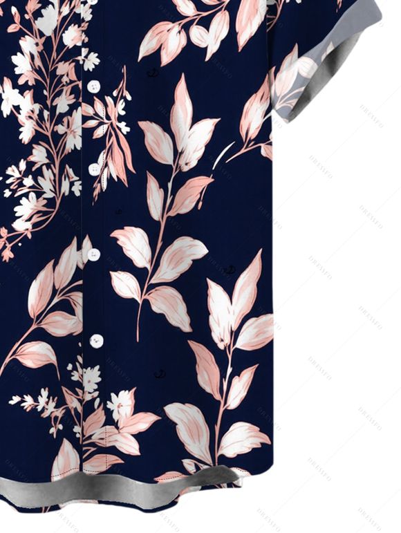 Men's Vacation Shirt Vintage Watercolor Botanical Floral Print Shirt Button Up Shirt - Bleu de Minuit 5XL