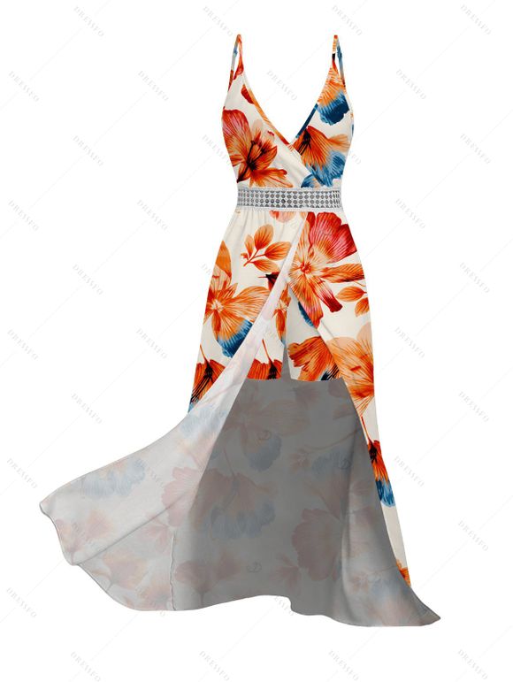 Hawaiian Vacation Skort Romper Vintage Colorblock Floral Print Surplice Hollow Out Skort Romper - orange clair XXXXXL | US 20