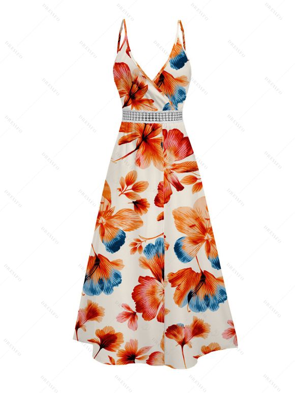 Hawaiian Vacation Skort Romper Vintage Colorblock Floral Print Surplice Hollow Out Skort Romper - orange clair XXXXXL | US 20