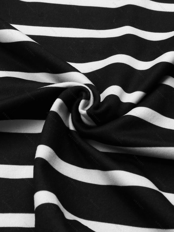 Vacation T-shirt Dress Striped Print Off the Shoulder Pocket Slit Belt Casual Dress - Noir XL | US 10