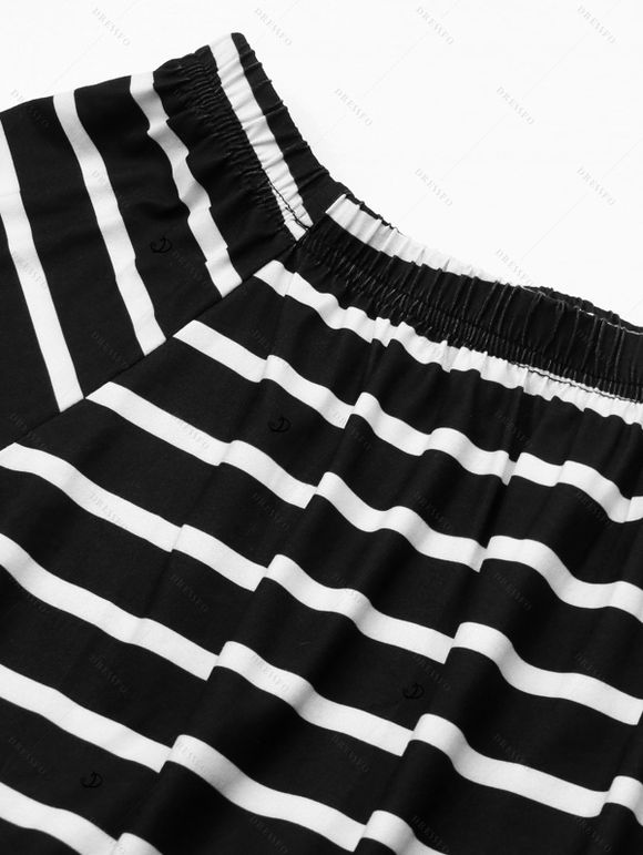 Vacation T-shirt Dress Striped Print Off the Shoulder Pocket Slit Belt Casual Dress - Noir XL | US 10