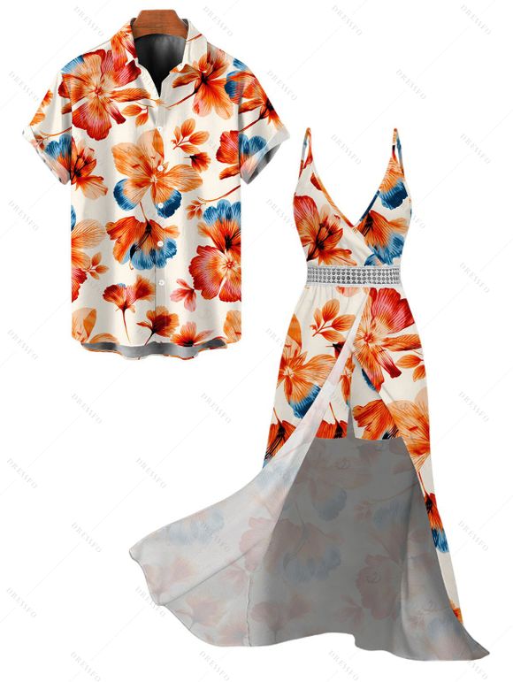 Hawaiian Vacation Couple Outfit Vintage Colorblock Floral Print Surplice Hollow Out Skort Romper and Shirt Set - orange clair S | US 4