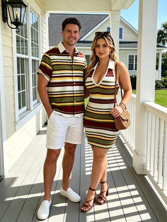 Hawaiian Couple Outfit Vintage Colorblock Striped Print Halter Mini Bodycon Knitted Dress and Shirt Set - multicolor A S | US 4