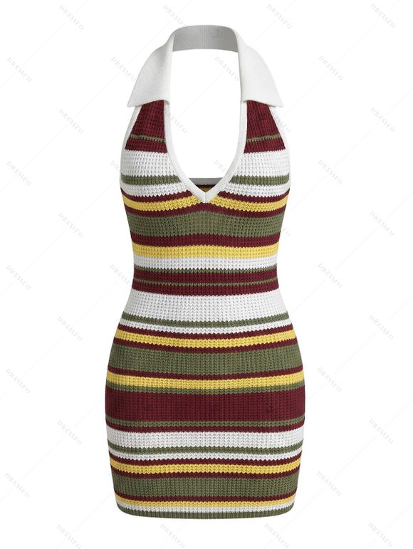 Hawaiian Couple Outfit Vintage Colorblock Striped Print Halter Mini Bodycon Knitted Dress and Shirt Set - multicolor A S | US 4