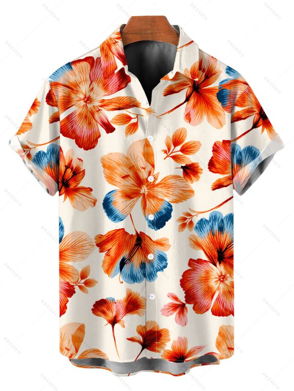 Hawaiian Vacation Couple Outfit Vintage Colorblock Floral Print Surplice Hollow Out Skort Romper and Shirt Set - orange clair S | US 4