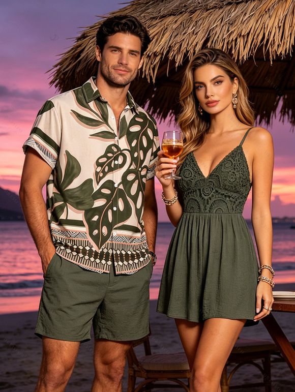 Vacation Couple Outfit Lace Panel Solid Color Romper and Monstera Leaf Geometric Print Shirt Set - Vert Armée S | US 4