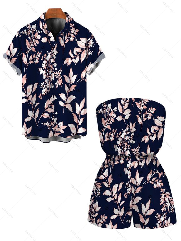 Vacation Couple Outfit Vintage Watercolor Botanical Floral Print Pocket Off the Shoulder Romper and Shirt Set - Bleu de Minuit S | US 4