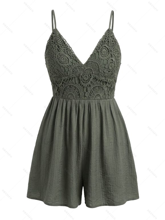 Vacation Couple Outfit Lace Panel Solid Color Romper and Monstera Leaf Geometric Print Shirt Set - Vert Armée S | US 4