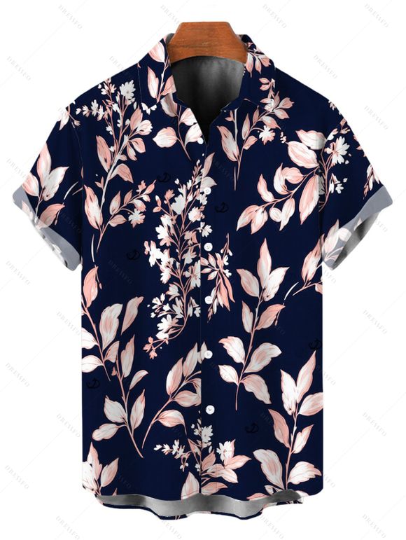 Vacation Couple Outfit Vintage Watercolor Botanical Floral Print Pocket Off the Shoulder Romper and Shirt Set - Bleu de Minuit S | US 4