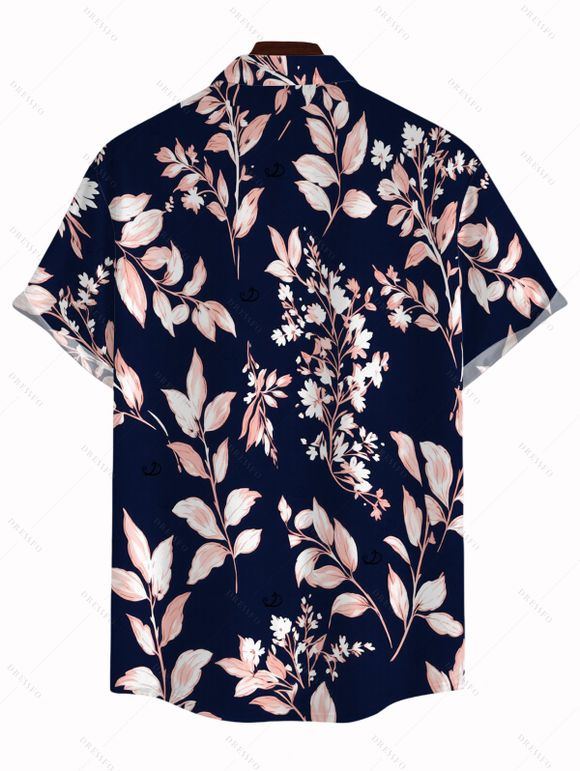 Vacation Couple Outfit Vintage Watercolor Botanical Floral Print Pocket Off the Shoulder Romper and Shirt Set - Bleu de Minuit S | US 4