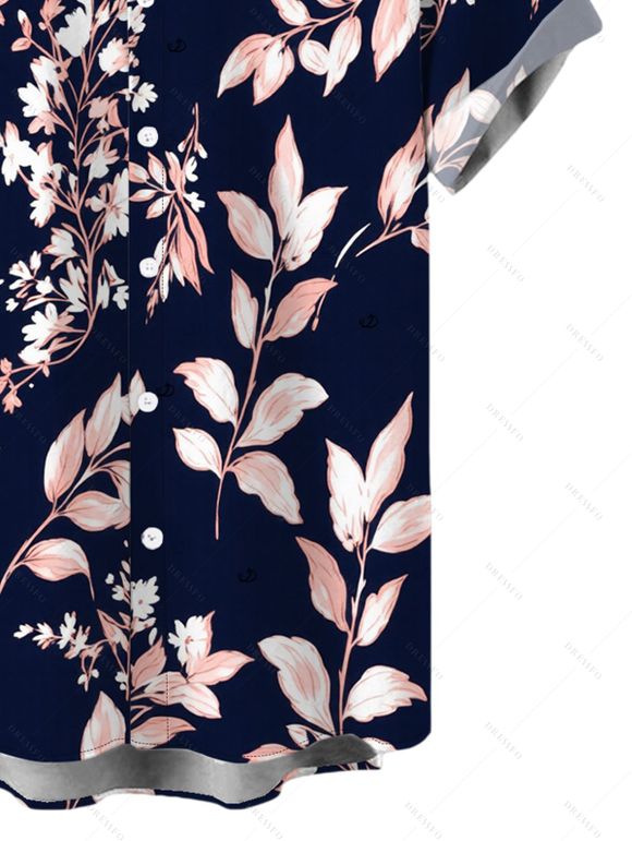 Vacation Couple Outfit Vintage Watercolor Botanical Floral Print Pocket Off the Shoulder Romper and Shirt Set - Bleu de Minuit S | US 4