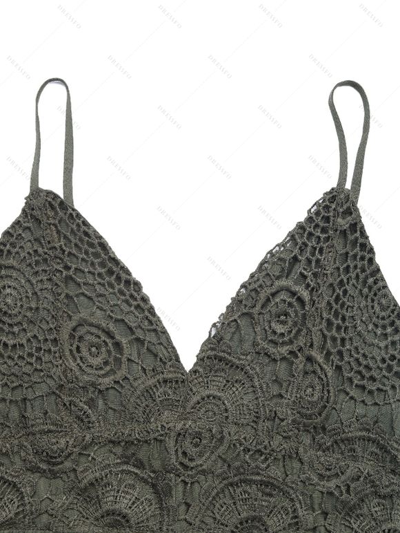 Vacation Couple Outfit Lace Panel Solid Color Romper and Monstera Leaf Geometric Print Shirt Set - Vert Armée S | US 4