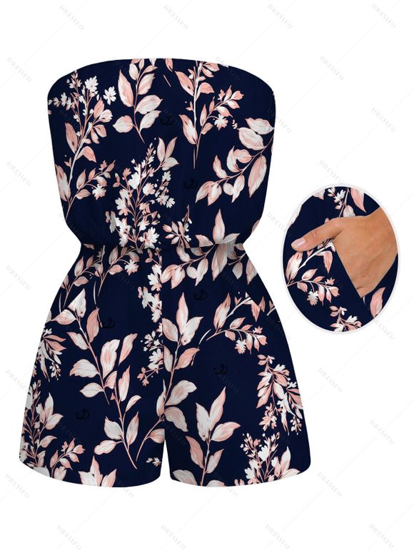 Vacation Couple Outfit Vintage Watercolor Botanical Floral Print Pocket Off the Shoulder Romper and Shirt Set - Bleu de Minuit S | US 4