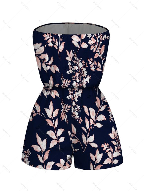 Vacation Couple Outfit Vintage Watercolor Botanical Floral Print Pocket Off the Shoulder Romper and Shirt Set - Bleu de Minuit S | US 4