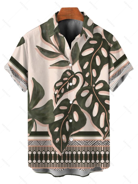Vacation Couple Outfit Lace Panel Solid Color Romper and Monstera Leaf Geometric Print Shirt Set - Vert Armée S | US 4