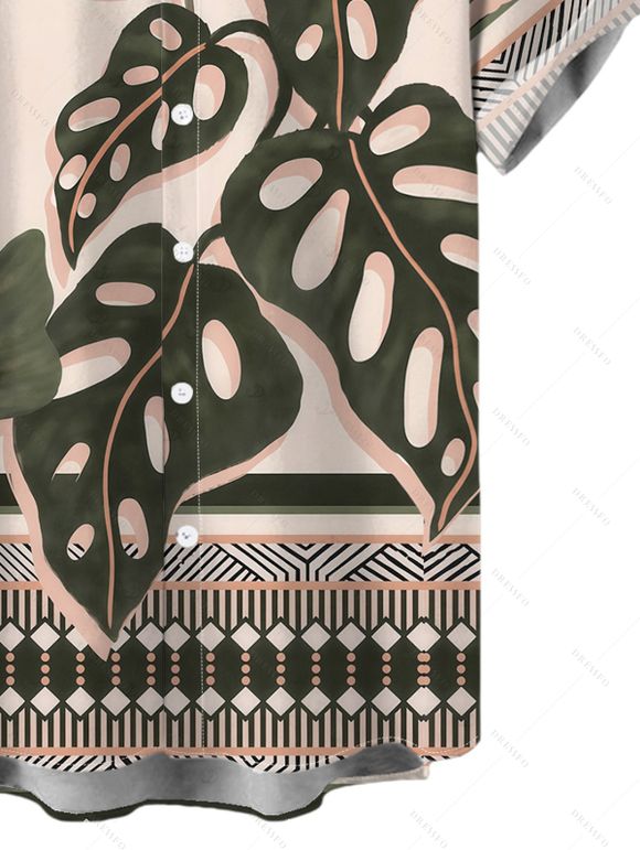 Vacation Couple Outfit Lace Panel Solid Color Romper and Monstera Leaf Geometric Print Shirt Set - Vert Armée S | US 4