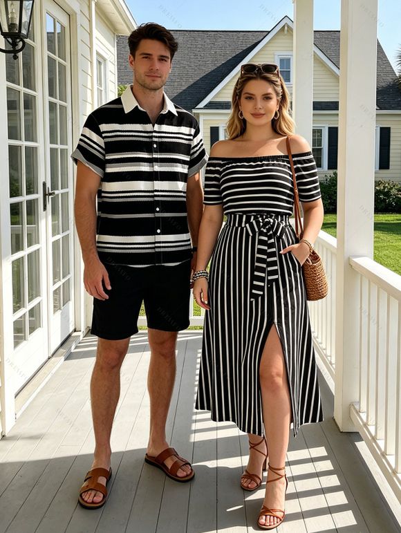Vacation Couple Outfit Striped Print Off the Shoulder Pocket Slit Belt T-shirt Dress and Shirt Set - Noir S | US 4