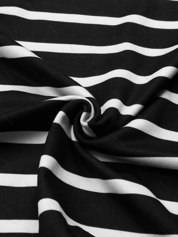 Vacation Couple Outfit Striped Print Off the Shoulder Pocket Slit Belt T-shirt Dress and Shirt Set - Noir S | US 4