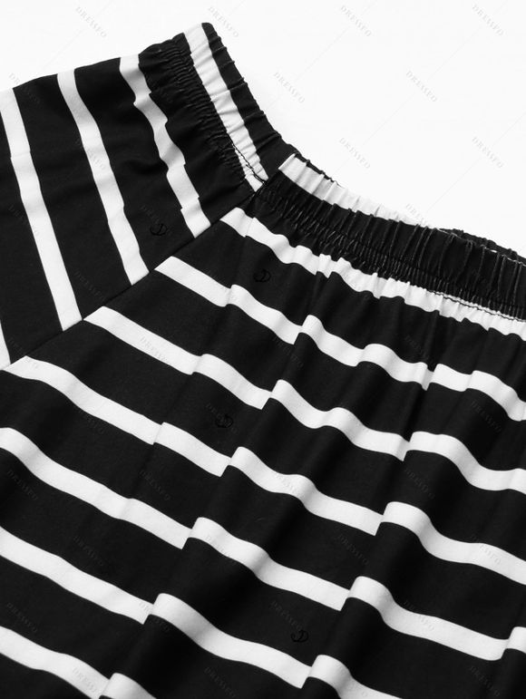 Vacation Couple Outfit Striped Print Off the Shoulder Pocket Slit Belt T-shirt Dress and Shirt Set - Noir S | US 4
