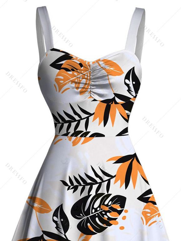 Hawaiian Vacation Dress Tropical Monstera Palm Leaf Print Ruched Bust Mini Dress - Orange XXXXXL | US 20