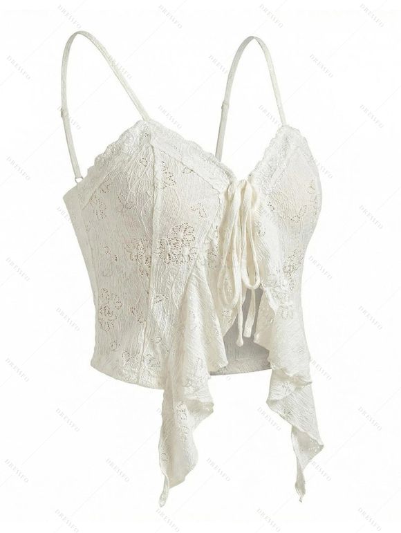 Bohemian Outfit Floral Lace Hollow Out Ruffle Scalloped Tied Cropped Tank Top and Lace Up Flare Jeans Set - multicolor S | US 4