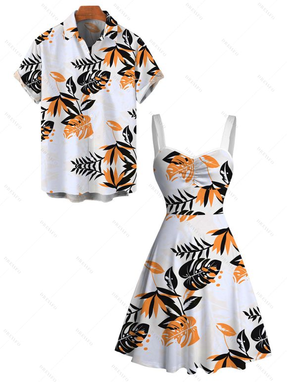 Hawaiian Vacation Couple Outfit Tropical Monstera Palm Leaf Print Ruched Bust Dress and Shirt Set - Orange S | US 4