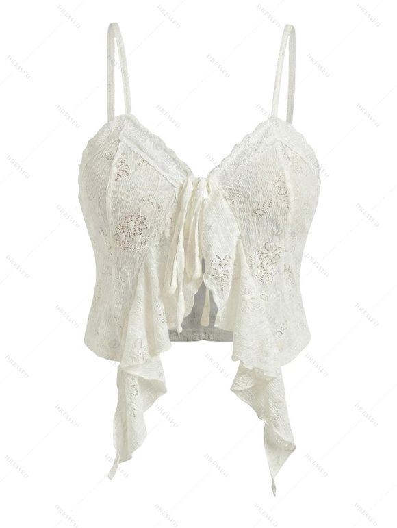 Bohemian Outfit Floral Lace Hollow Out Ruffle Scalloped Tied Cropped Tank Top and Lace Up Flare Jeans Set - multicolor S | US 4