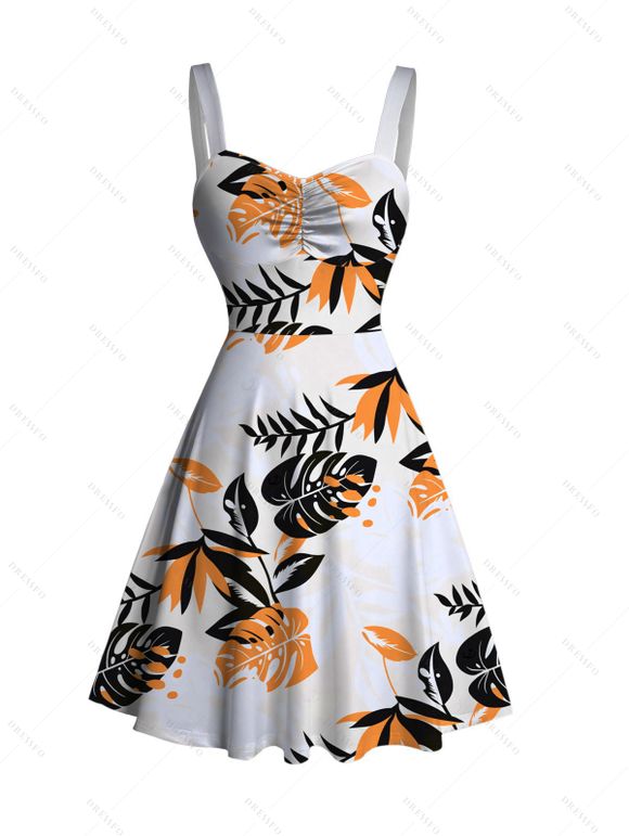 Hawaiian Vacation Couple Outfit Tropical Monstera Palm Leaf Print Ruched Bust Dress and Shirt Set - Orange S | US 4